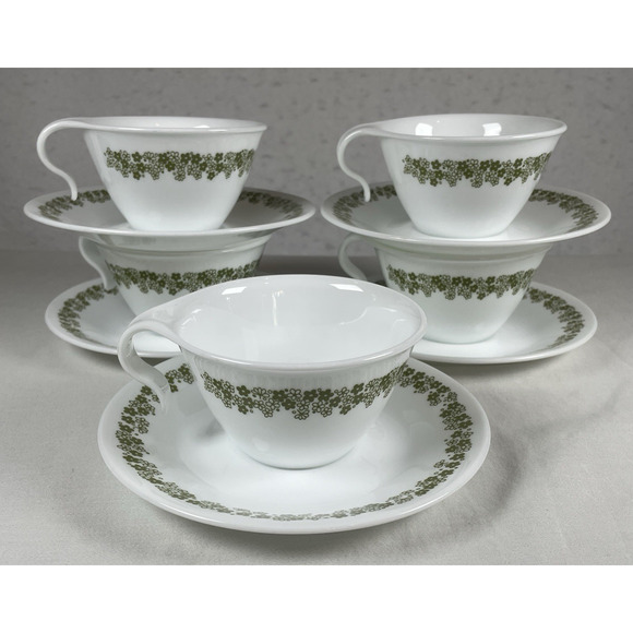 Corelle Lot of 5 Cups & Saucers Spring Blossom Green Crazy Daisy Coffee Tea Set - Picture 2 of 6